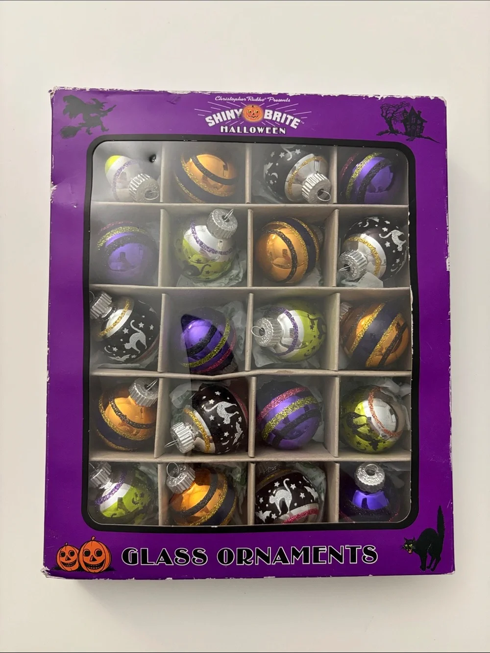 Christopher Radko Shiny Brite 1.5” Halloween Glass Ornaments Set of 20 Cats Bats